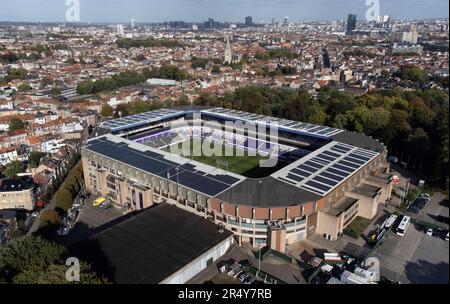 Der Lotto Park aus der Vogelperspektive (als Sponsoring), Anderlecht, Brüssel, Belgien, Heimat des RSC Anderlecht. Es ist auch bekannt als Constant Vanden Stock Stadium. Früher auch Emile Versé Stadium genannt Stockfoto