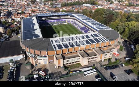 Der Lotto Park aus der Vogelperspektive (als Sponsoring), Anderlecht, Brüssel, Belgien, Heimat des RSC Anderlecht. Es ist auch bekannt als Constant Vanden Stock Stadium. Früher auch Emile Versé Stadium genannt Stockfoto