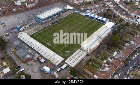 Das Memorial Stadium, Heimstadion des Bristol Rovers FC, aus der Vogelperspektive. Sein früherer Name war Memorial Ground Stockfoto