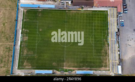 Das Movie Starr Stadium, Heimstadion des Canvey Island FC, aus der Vogelperspektive. Das Stadion heißt Park Lane, das Prospects Stadium und das Brockwell Stadium Stockfoto