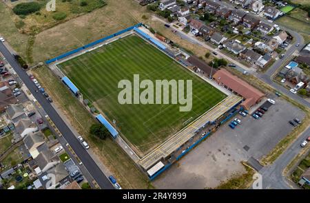 Das Movie Starr Stadium, Heimstadion des Canvey Island FC, aus der Vogelperspektive. Das Stadion heißt Park Lane, das Prospects Stadium und das Brockwell Stadium Stockfoto