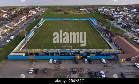 Das Movie Starr Stadium, Heimstadion des Canvey Island FC, aus der Vogelperspektive. Das Stadion heißt Park Lane, das Prospects Stadium und das Brockwell Stadium Stockfoto