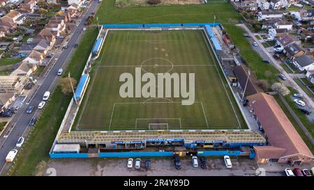 Das Movie Starr Stadium, Heimstadion des Canvey Island FC, aus der Vogelperspektive. Das Stadion heißt Park Lane, das Prospects Stadium und das Brockwell Stadium Stockfoto