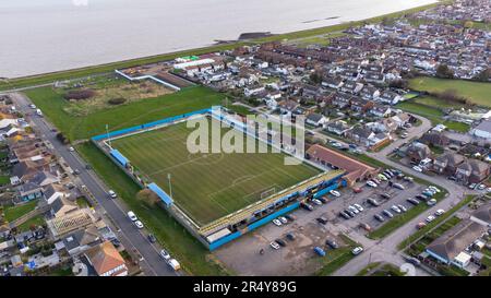 Das Movie Starr Stadium, Heimstadion des Canvey Island FC, aus der Vogelperspektive. Das Stadion heißt Park Lane, das Prospects Stadium und das Brockwell Stadium Stockfoto