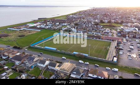 Das Movie Starr Stadium, Heimstadion des Canvey Island FC, aus der Vogelperspektive. Das Stadion heißt Park Lane, das Prospects Stadium und das Brockwell Stadium Stockfoto