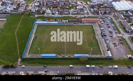 Das Movie Starr Stadium, Heimstadion des Canvey Island FC, aus der Vogelperspektive. Das Stadion heißt Park Lane, das Prospects Stadium und das Brockwell Stadium Stockfoto