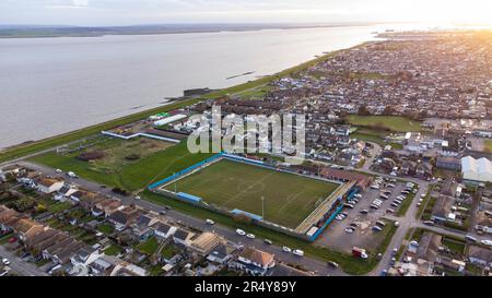 Das Movie Starr Stadium, Heimstadion des Canvey Island FC, aus der Vogelperspektive. Das Stadion heißt Park Lane, das Prospects Stadium und das Brockwell Stadium Stockfoto