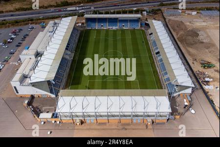 Luftaufnahme des Jobserve Community Stadium (als Sponsoring), Heimstadion des FC Colchester United. Es ist auch bekannt als das Colchester Community Stadium und wurde früher als Weston Homes Community Stadium bezeichnet Stockfoto