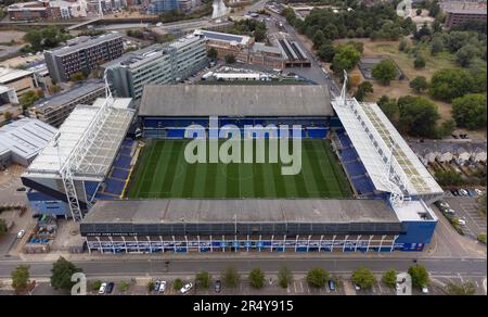 Die Portman Road, Heimat des Ipswich Town FC, aus der Vogelperspektive. Stockfoto