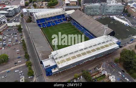 Die Portman Road, Heimat des Ipswich Town FC, aus der Vogelperspektive. Stockfoto