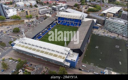 Die Portman Road, Heimat des Ipswich Town FC, aus der Vogelperspektive. Stockfoto