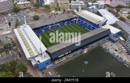 Die Portman Road, Heimat des Ipswich Town FC, aus der Vogelperspektive. Stockfoto