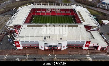 Das Stadion bet365, Heimstadion des Stoke City FC, aus der Vogelperspektive. Der Boden ist wahrscheinlich besser bekannt als das Britannia-Stadion Stockfoto