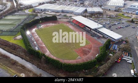 Die Robin Park Arena, Heimat von Wigan Harriers AC, aus der Vogelperspektive. Stockfoto