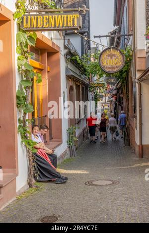 Die enge Kopfsteinpflasterstraße Drosselgasse in der Altstadt, Rudesheim, Deutschland Stockfoto