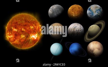 Solarplaneten und Sun isoliert auf Schwarz für einfache Verwendung und Integration in Ihr Design. Sonne, Quecksilber, Venus, Erde, Mars, Jupiter, Saturn, Ur Stockfoto