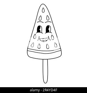 Wassermelone groovy Stil niedliche Cartoon Charakter Eiscreme mit Gesicht, Kritzelstil flacher Vektor Umriss Illustration für Kinder Malbuch Stock Vektor