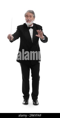 Professioneller Leiter mit Stab auf weißem Hintergrund Stockfoto