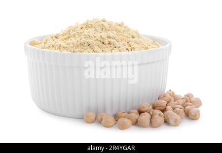 Kichererbsenmehl in Schüssel und auf weißem Boden isolierte Samen Stockfoto