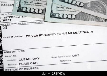 Strafzettel und Bargeld. Verkehrszitat-, fein- und Rechtsbegriff. Stockfoto