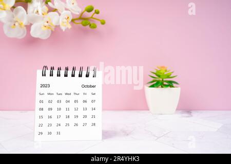 Oktober 2023 Tischkalender und weiße Orchidee, ein rosafarbener Hintergrund. Stockfoto