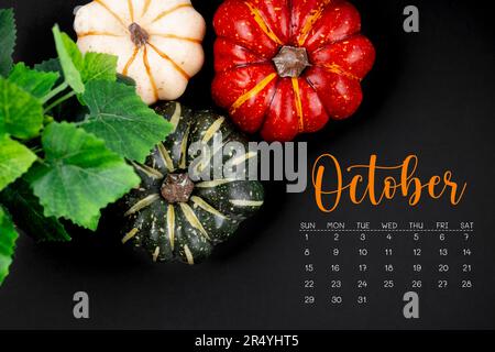 Oktober 2023 Kalender und Kürbisse auf schwarzem Papphintergrund. Stockfoto