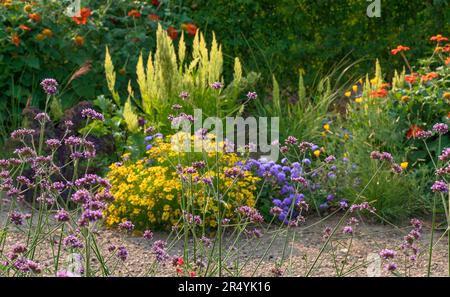 Ein Blumenpfad mit einer Vielzahl von Gartenblumen und Gräsern, die Mitte des Sommers blühen. Stockfoto