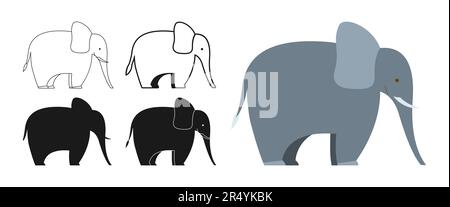 Cartoon-Set mit wilden Elefanten. Afrikanisches oder indisches niedliches Elefantensymbol, Tiersilhouette. Flaches, lustiges Charaktersymbol. Handgezeichnete Säugetiere einfache abstrakte Zoovektordarstellung Stock Vektor