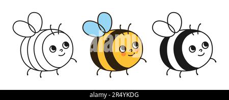 Bienenhonig Smiley Insektenfiguren Cartoon-Set. Comics, kindische Honigbienen mit lustigem, glücklichem Gesicht. Niedliche Sommerkollektion mit Symbollinien im Doodle-Design, einfacher Kawaii-Vektor im Retro-Look Stock Vektor