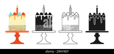 Geburtstagskuchen Feier Dessert Zeichentrickfilm Symbolstempel, Line Doodle Design Set. Party köstlicher Cupcake süße leckere Backwaren-Sammlung. Kuchen zum Hochzeitstag, Dekoration, leckeres Gebäck, Vektordesign Stock Vektor