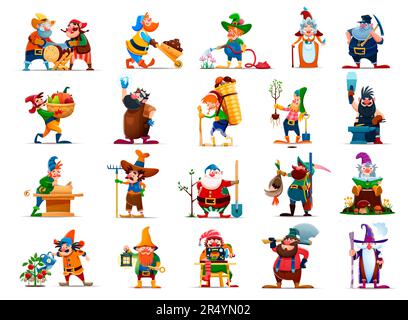 Cartoon-Gnom oder Zwergfiguren mit Bart, Hüten. Süße märchenhafte Elfenvektorpersönlichkeiten mit Pilzkorb, Laterne, Bergmann-Schubkarre und Spitzhacke. Zwerge, die Blumen gießen, Pflanzen wachsen lassen, rauchen Stock Vektor