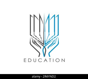 Symbol für Lehrbuch, Bibliotheksladen oder Wörterbuch mit menschlichen Händen, Vektorliniensymbol. Symbol für Lehrbuch für Schule oder Universität Bibliothek, Buchladen oder eBook App Schild mit offenen Seiten in der Hand Stock Vektor