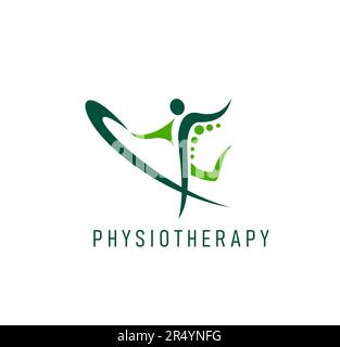Physiotherapiesymbol für Körpergesundheit, Physiotherapie, Rückenschmerzen und Wirbelsäulenmassage. Vektorsilhouette, die Rehabilitations- und Genesungsübungen durchführt, Physiotherapeut oder Chiropraktiker-Emblem Stock Vektor