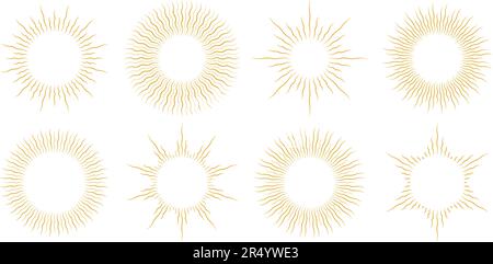 Goldenes, geschwungenes Rahmen-Set mit Sonnenschein. Retro-Sonnenlicht-Paket mit verformten kreisförmigen Lichtstrahlen. Gewellte Sonnenbalken im Vintage-Look – Designelemente für Logo, Etiketten, Abzeichen, Banner. Vektorgoldbildsammlung Stock Vektor