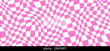 Komischer verzerrter Schachbretthintergrund. Pink-weiße, psychedelische Karomuster-Tapete im Retro-Look. Wellige groovy Schachbrettoberfläche. Verdrehtes geometrisches Muster. Abstrakter Vektorhintergrund Stock Vektor