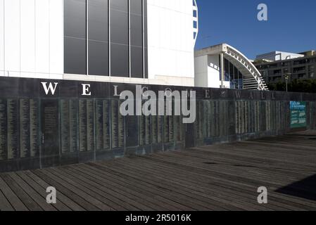 Die Begrüßungsmauer, die die Namen der Einwanderer nach Australien enthält. Die 100 Meter lange Mauer befindet sich im Australian National Maritime Museum in Darling Harbour in der Nähe der Pyrmont Docks, einem Ort, an dem Millionen neuer Siedler erstmals an Land gingen. Sydney, Australien. 20.05.08. Stockfoto