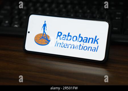 China. 29. Mai 2023. In dieser Abbildung wird ein Rabobank-Logo auf dem Bildschirm eines Smartphones angezeigt. Kredit: SOPA Images Limited/Alamy Live News Stockfoto