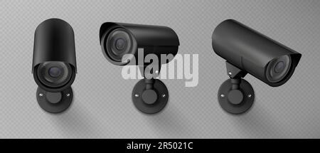 3D-Überwachungskamera, cctv-Kamera isoliert auf transparentem Hintergrund. Sicherheitsüberwachungssystem, Videosteuerungsgeräte in anderer Ansicht, Vektorrealistische Illustration Stock Vektor