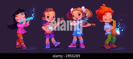 Kinder, die Musikinstrumente spielen, isoliert auf schwarzem Hintergrund. Vektor-Cartoon-Illustration von Mädchen und Jungen mit Flöte, Geige, Gitarre, Saxophon, die beim Schulkonzert auftreten, Neonnoten in der Luft Stock Vektor