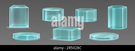 3D Glaspodien, Kristallplattformen für die Produktausstellung. Das leere Klarsichtglas steht für verschiedene geometrische Formen. Sockel aus blauem Plexiglas isoliert auf transparentem Hintergrund, vektorrealistisches Set Stock Vektor