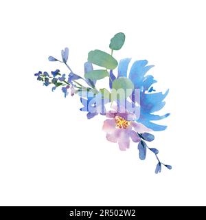 Aquarelle Blüten auf einem isolierten Hintergrund. Handgefertigte Arbeit. Farbenfrohe Illustration. Hochzeit. Anemonen, Pfingstrosen, Rosen, Eukalyptus Stockfoto