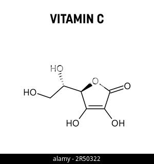 Vitamin-C-Molekularstruktur. Vitamin C, Ascorbinsäure oder Ascorbat, die in Obst und Gemüse enthalten sind. Vektorstrukturformel der chemischen Verbindung. Stock Vektor