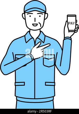 Senior-Mann in Hut und Arbeitskleidung, der bargeldlose Online-Zahlungen auf einem Smartphone empfiehlt, Vector Illustration Stock Vektor