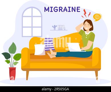 Migräne Vektor Illustration Menschen leiden unter Kopfschmerzen, Stress und Migräne im Gesundheitswesen flache Cartoon Hand Drawn Background Templates Stock Vektor