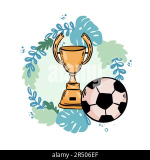 Fußball mit goldenem Becher. Kreativer Konzepthintergrund mit sportlichen Designelementen. Realistischer cartoon-Stil mit 3D Objekten. Sportfußball ga Stock Vektor