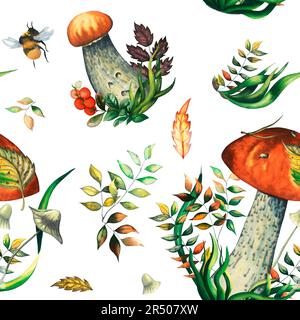 Nahtloses Aquarellmuster von wilden Waldpilzen mit Blättern, Piniennadel, Hummel, Preiselbeere. Isolierte handgezeichnete Illustration auf Weiß Stockfoto