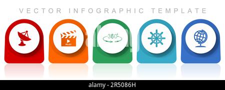 Symbolsatz für Kommunikation, flaches Design verschiedene bunte Symbole wie Satellitenantenne, Kino, 360 Grad, Schiffsrad und Kugel für webdesign und Stock Vektor