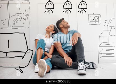 Inneneinrichtung, Zeichnung und Paar träumen von neuer Inspiration durch Denken und Skizzen. Hausplanung, Illustration und junge Leute zusammen mit Stockfoto