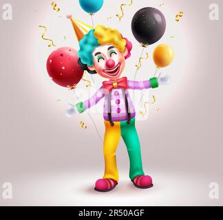 Geburtstags-Clown-Figuren-Vektordesign. Der Clown steht und trägt eine bunte Perücke und Hose mit Ballonelementen. Vektordarstellung Stock Vektor