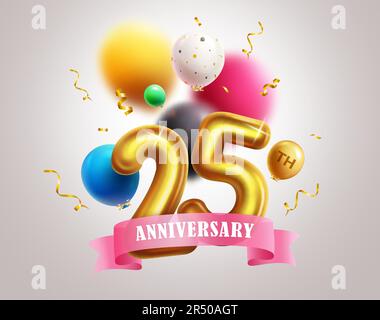 Vektordesign zum 25. Jubiläum. 25. Jubiläum in metallisch-goldenen Ballons zur Dekoration von Party und Veranstaltungen. Vektordarstellung Stock Vektor